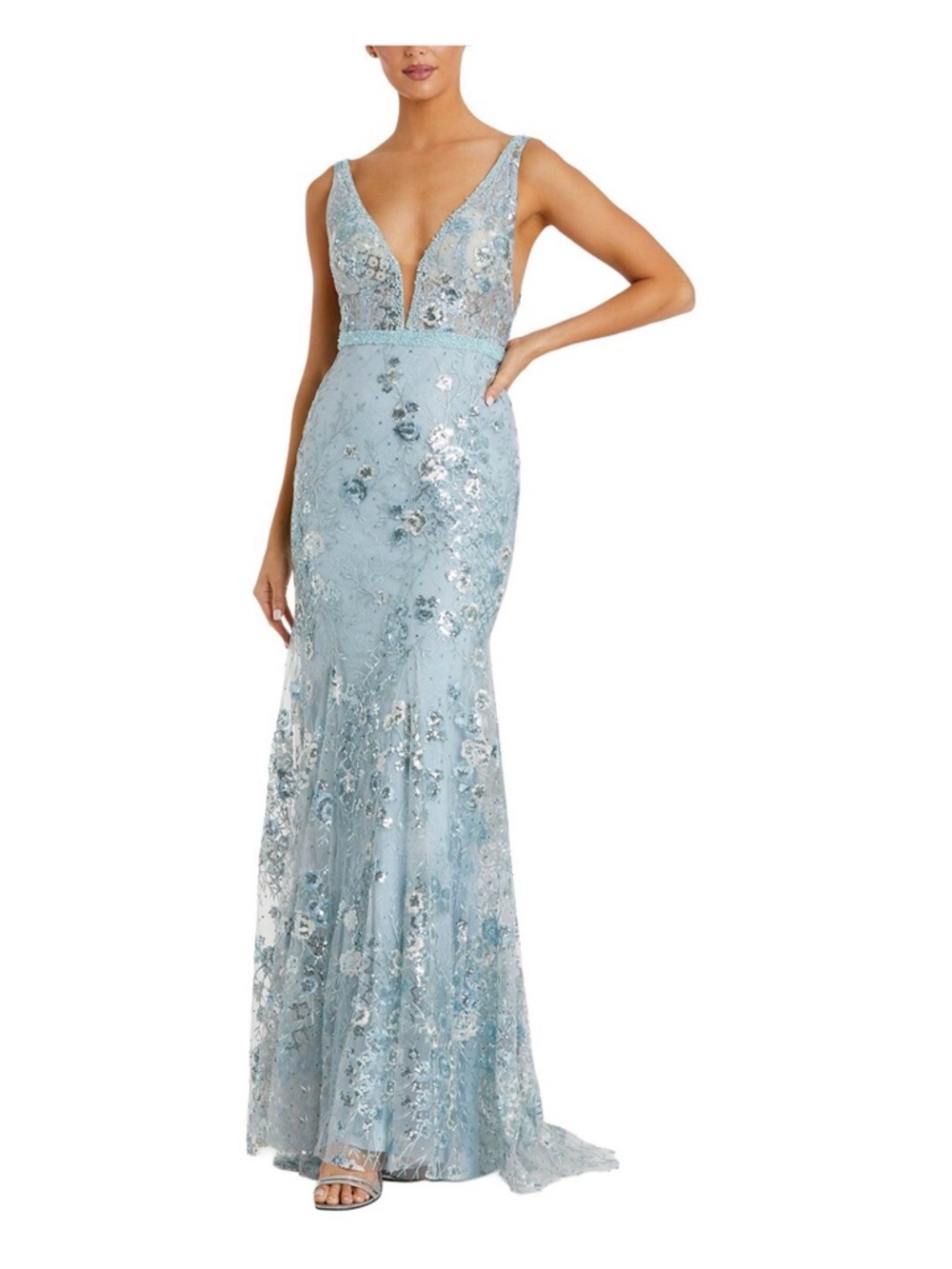 Mac Duggal Light Blue Beaded V-Neck Evening Gown